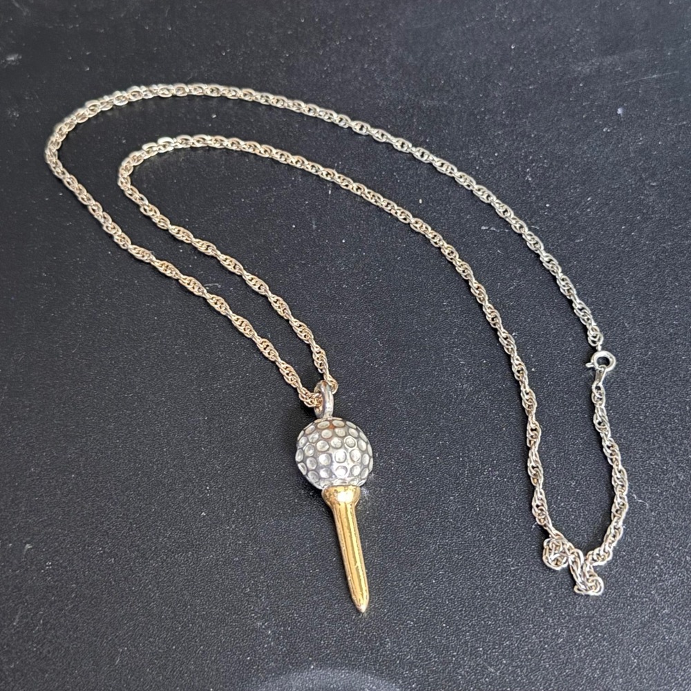 Vintage Gold and Silver Tone Golf Ball on Tee Pendant Necklace